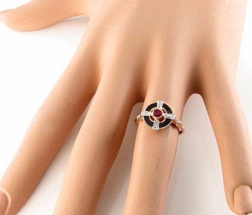 LOVELY 9K 9CT ROSE GOLD RUBY ONYX DIAMOND ART DECO INS CELTIC RING FREE RESIZE - Picture 5 of 5
