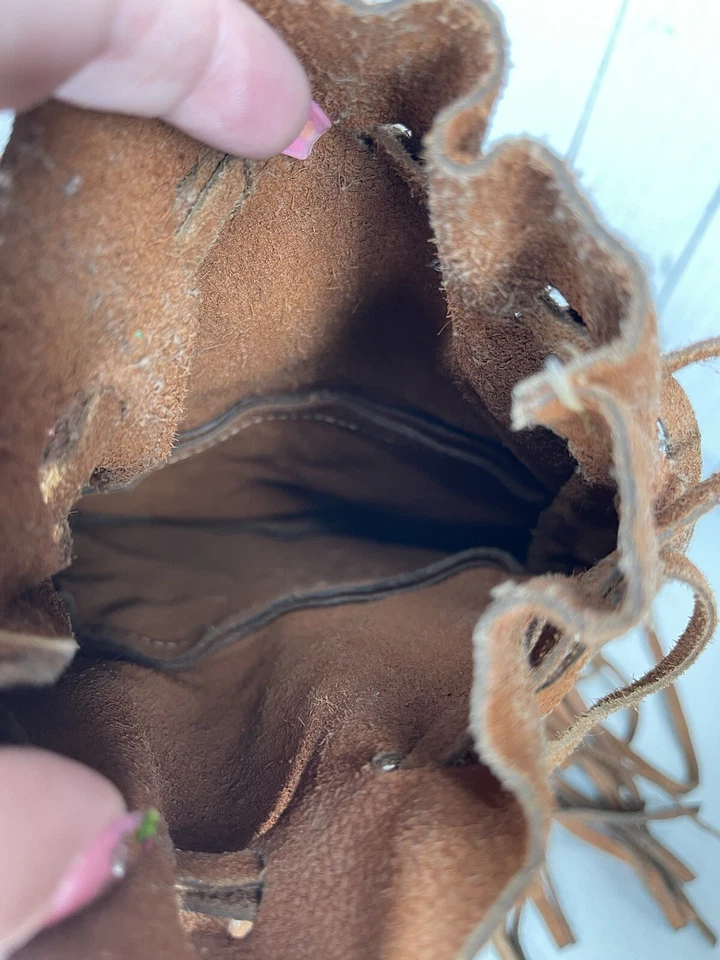 Vintage Native Genuine Leather Beaded Crossbody Drawstring Bag w/Fringe BOHO - Image 4 of 4