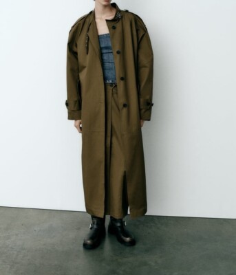 Zara Khaki Long Parka Trench Coat Tabs Metal Buckle Size XS Might Fit S RRP  $129 UK