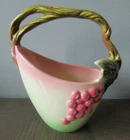 Hull Pottery Tokay Tuscany 8" Pink Green Basket w/Pink Grapes & Vine Handle #6