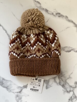 【ZARA】KNIT BEANIE WITH POMPOM New Zara Jacquard Beanie Knit Hat Brown Cream Pom Pom Winter