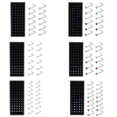 60Pcs CZ Nose Rings 20G L-Shaped Bone Stud Stainless Steel Body Piercing Jewelry