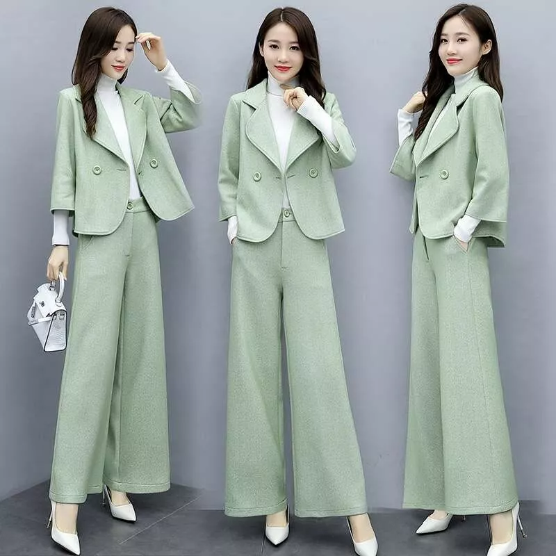 New Womens Office Formal Blazer Coat Wide-leg Pants Slim 2Pcs Suit Korean  Spring