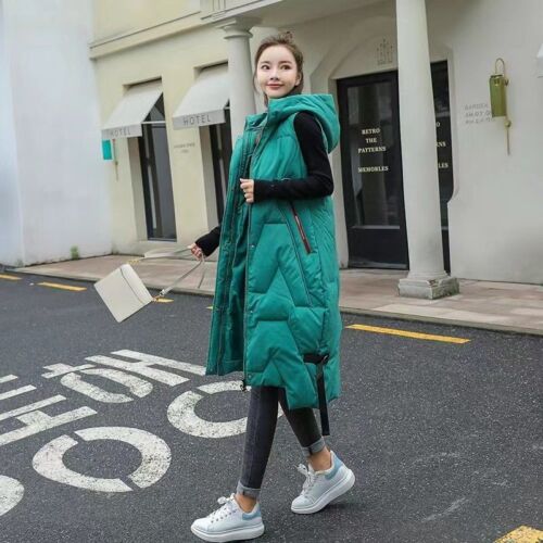 Winter Women Cotton Vest Jacket Sleeveless Hooded Coat Beige Long Waistcoat - Picture 11 of 11