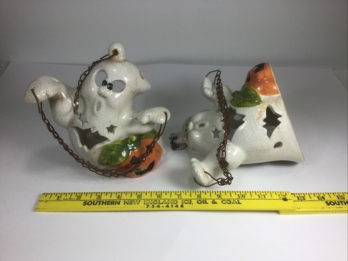 Pair Halloween Hanging Ceramic Ghost and Pumpkin Tealight Votive Candle Holder - Picture 10 of 12