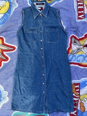 tommy hilfiger denim dress vintage Vintage Tommy Hilfiger Dress Womens8 Denim Sleeveless Snap Front  Shirt/Dress 90s