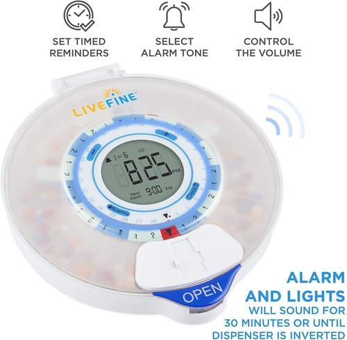 Dispensador automático de píldoras LiveFine Smart WiFi 28 días con llave de bloqueo, tapa escarcha - Imagen 3 de 9