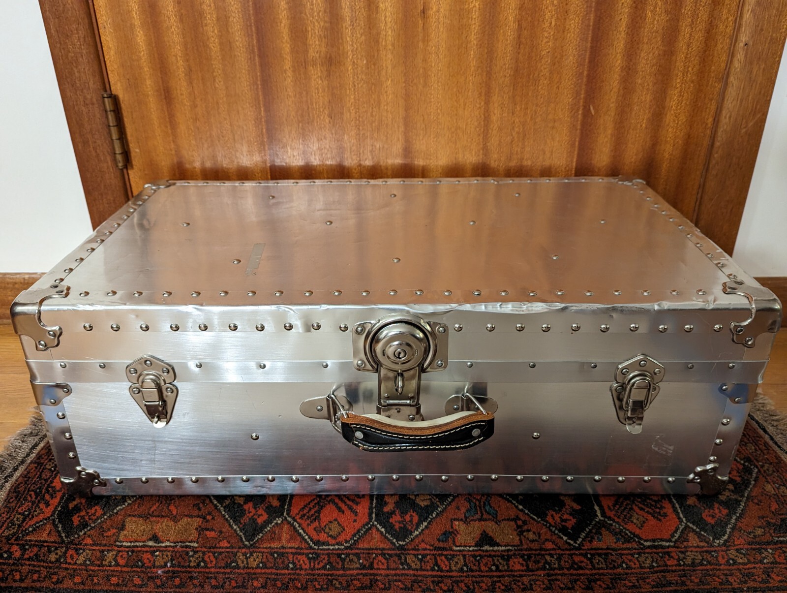 Vintage Polished Aluminum Aviation Truck, Leather handles Steamer Trunk