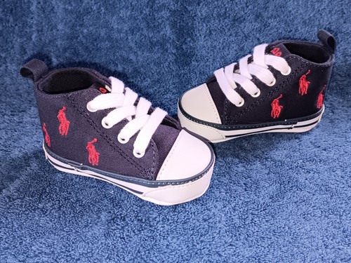 POLO Ralph Lauren BABY Hamptyn NEW MIB Shoes LOGO Hi Top Sneakers Blue Red Sz 1 - Picture 14 of 23