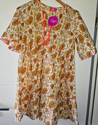 Believe Italy Kleid A-Linie  Kurzarm S/M Blumen beige braun Weiß Baumwolle Neu - Bild 1 von 4