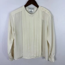 Pleated Blouse Jones Wear Petite 8 Ivory Button Shoulder Vtg 80s Preppy Top Luxe