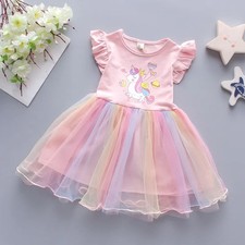 Princess Unicorn Party Dress Girls Summer Flying Sleeves Cloths Childrens 3-8Y
