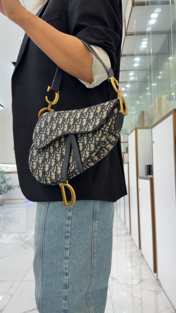 Christian Dior Oblique Saddle Navy Beige Canvas Shoulder Tote Bag