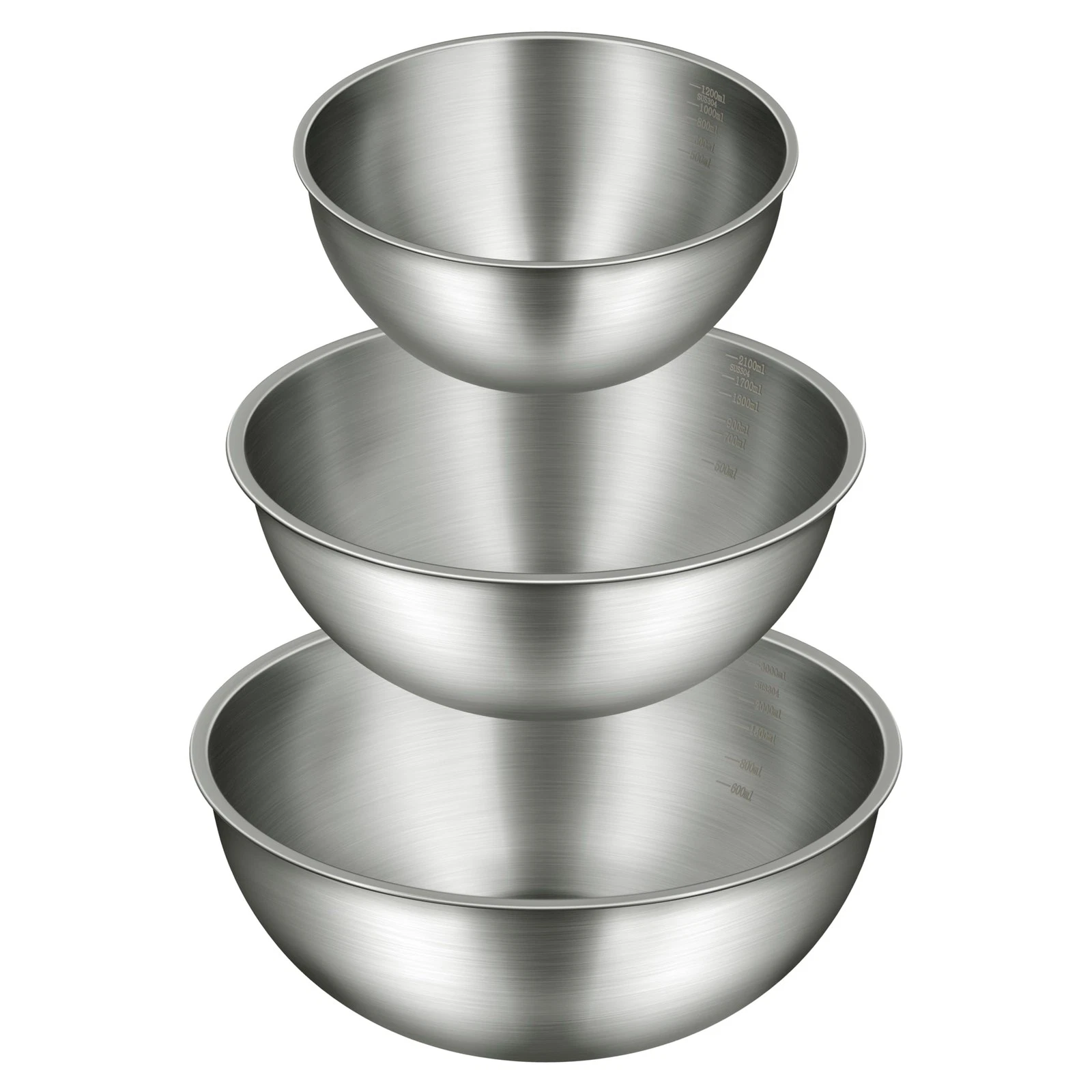 Stainless Steel Mixing Bowls Set of 3 (1.5, 2.2 & 3.4 Qt) – Food Grade 304, T...