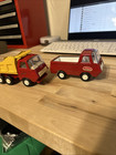 2 Vintage 1970s Pressed Steel Trucks ~ Red Pickup & Red/Yellow Tonka Dump Truck