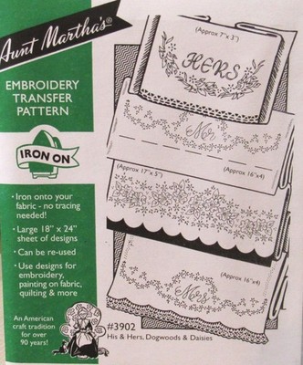 Aunt Marthas 3902 HIS HERS Dogwood Daisy Pillowcases Embroidery Transfer Pattern