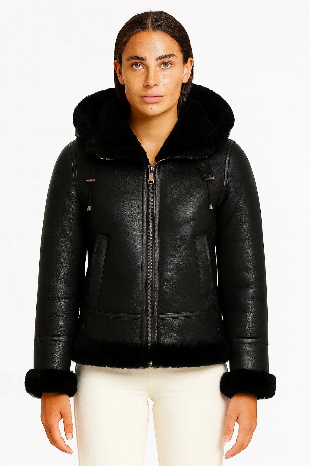 Women’s Sheepskin Shearling Jacket Real Leather Hooded Coat Black Fur Winter