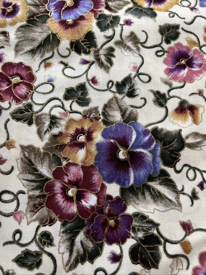 Beige Pansy Fabric Floral Quilt Cotton Cloisonne Purple Flowers Marcus Brothers - Image 2 of 4