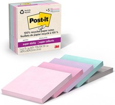 Post-it 100 Recycled Paper Super Sticky Notes, 3 in. x 3 in., 5 Pads, 70 Sheets
