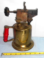 VINTAGE BRASS WORKS BLOW TORCH 7x10 in  BRASS -METAL -WOOD UNIQUE DISPLAY - L410