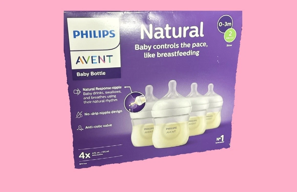 4 New4oz Philips Avent Natural Baby Bottles w/Natural Response Nipples 0-3m SLOW