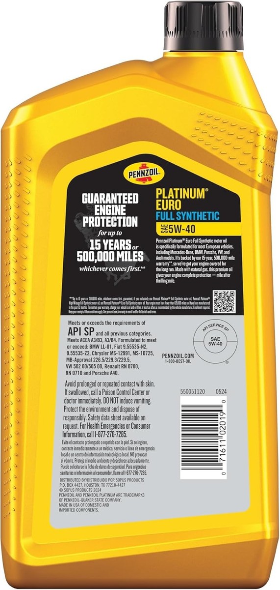 Pennzoil Platinum Euro Full Synthetic 5W-40 Motor Oil, 1 Quart (6