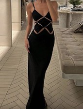 Cut Out Backless Bodycon Long Dress Black Sleeveless V-Neck Party Summer Women's
