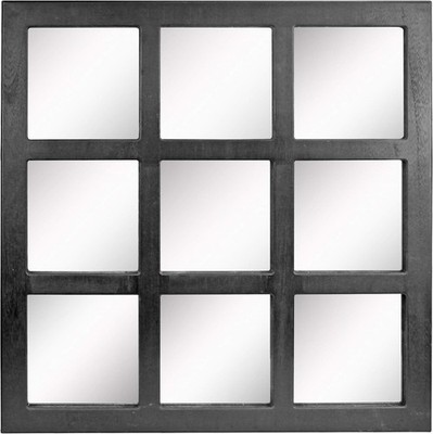 Quadratischer rustikaler Wandspiegel mit 9 Paneelen Fensterscheibe zum Aufhängen mit schwarz lackiertem Holz Fi