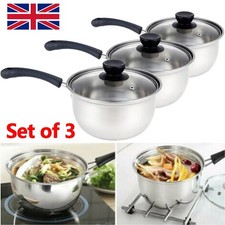 3 Set Induction Non Stick Stainless Steel Cookware Kitchen & Glass Lids Pot Pan