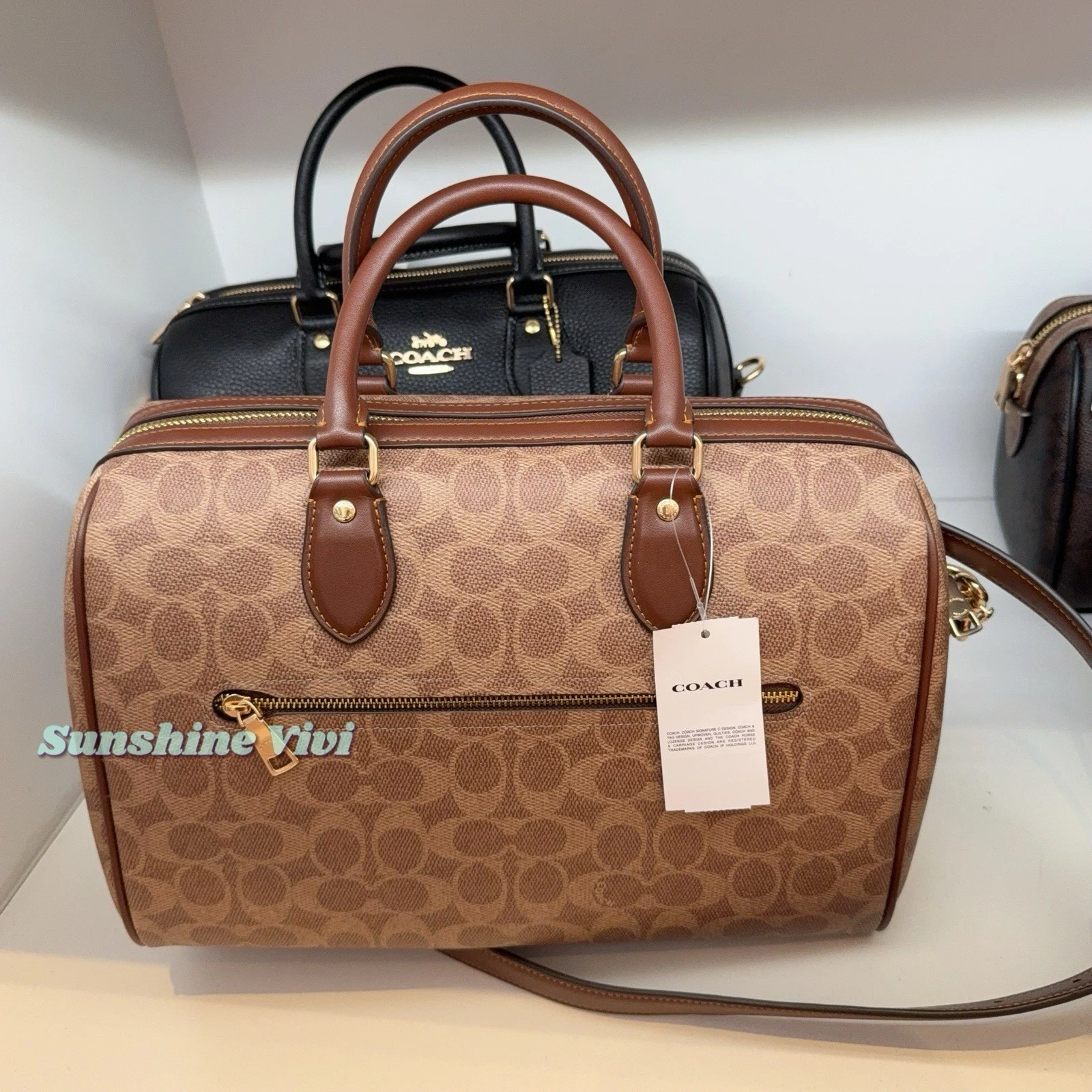 Borsa a tracolla grande Coach Rowan nuova con etichette in tela firmata CV959 oro marrone marrone chiaro