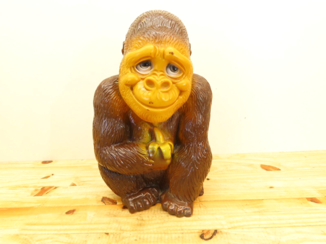 Vintage Happy Gorilla Holding Banana Plastic Vinyl Coin Bank Monkey Ape