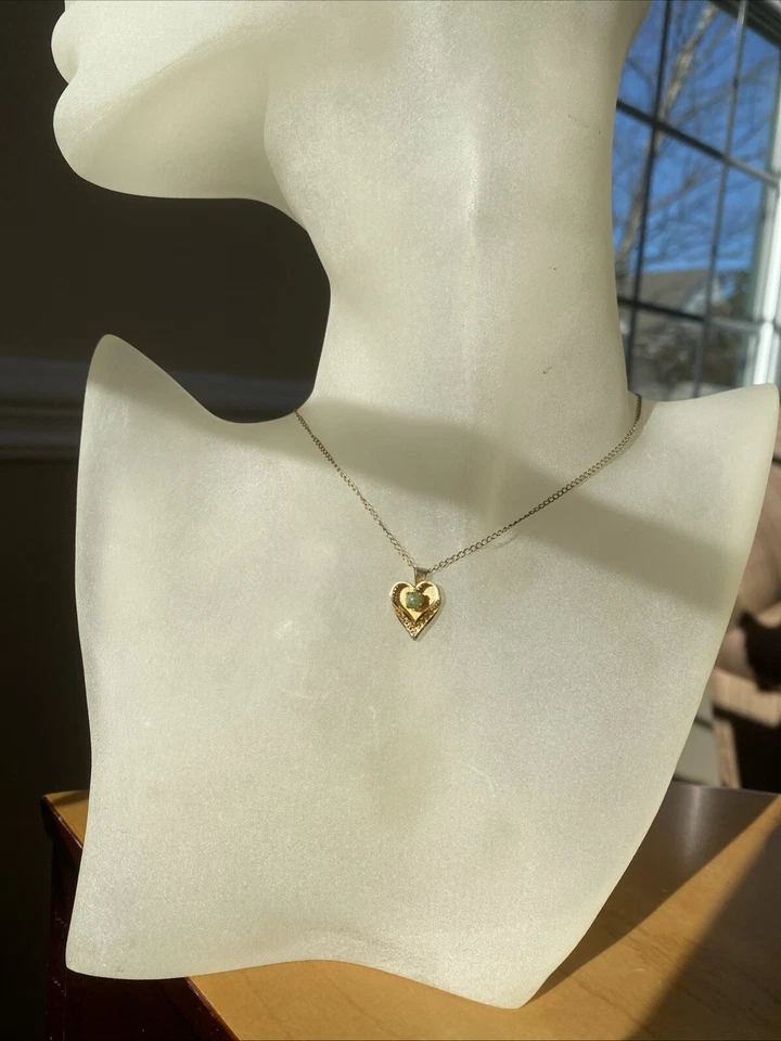 Vintage Jadeite Heart Pendant Choker Necklace Estate Jewelry Pre-owned 12KGF 14" - Image 2 of 4