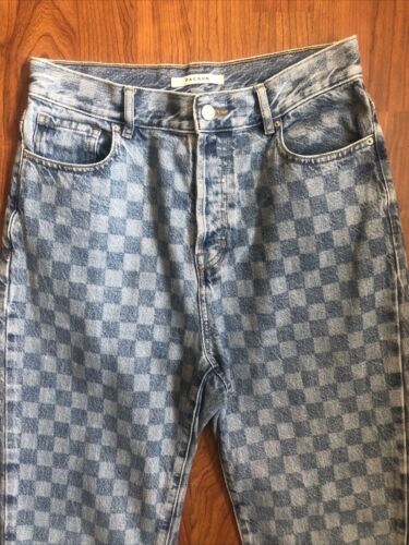 Jeans PACSUN blu check denim bottoni mosca vita alta gamba dritta orlo grezzo donna - Foto 2 di 13