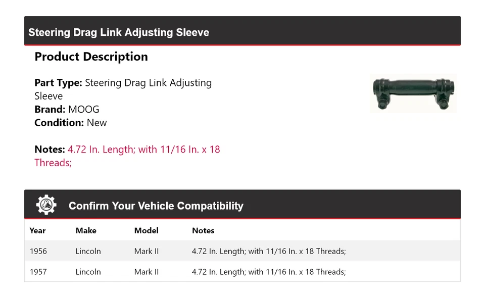 Manguito de ajuste de enlace de arrastre de dirección MOOG para Lincoln Mark II 1956-1957 Foto 2 de 4