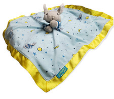 Goodnight Moon Bunny Lovey Security Blanket Blue w/ Yellow Satin 17x16 in.