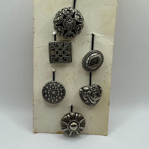 Vintage New Button Covers Silver Tone W/Black Wash Set 6 Heart Filigree Metal - Picture 2 of 12