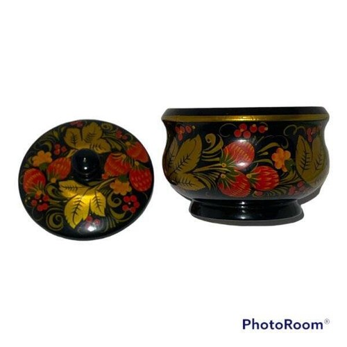 Vintage Russische Volkskunst Floral Bemalt Glas Deckel Zuckerdose Khokhloma Sammlerstück - Bild 4 von 4
