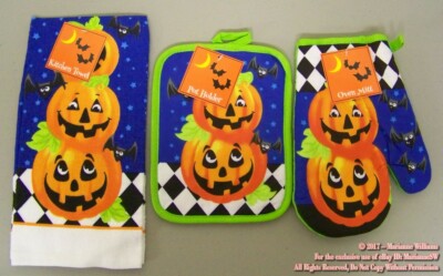 NEW Halloween Kitchen Pot Holder & Mitt Towel TOWER JACK O LANTERNS PUMPKIN
