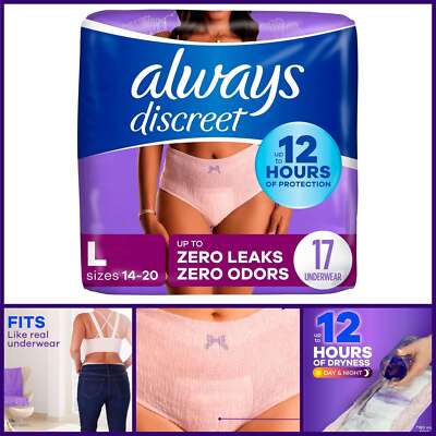 Always Discreet Incontinence Underwear for Women, Maximum, Large, 17 Count 