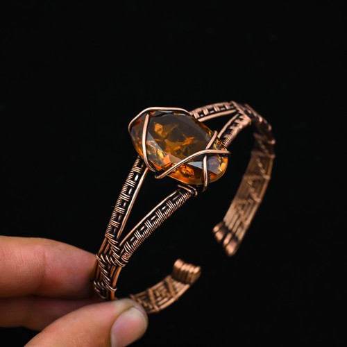 Citrine Quartz Gemstone Copper Wire Wrapped Handmade Bangle Jewelry Gift For Her - Picture 3 of 4
