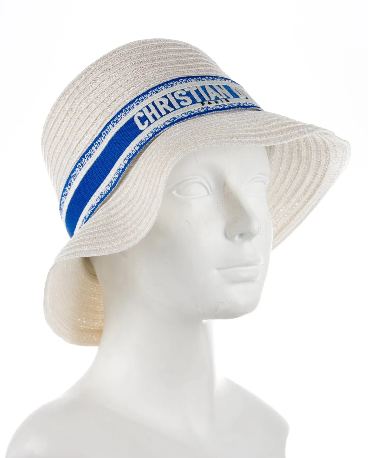 Chapeau seau blanc tissé bleu blanc logo imprimé taille M 