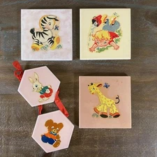 1930s Baby Art Ceramic Tiles Lot Pic-Tiles & Pacific Tiles Zebra Giraffe Bunny