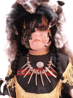 Native American Porcelain Doll by Charlene Frazier, painted face; fur hood