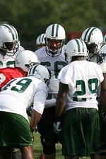 Guard Alan Faneca New York Jets huddles at New York Jets Minicamp- 2008 Photo