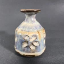 Hand Made Glazed Flower Studio Pottery Stoneware Small Blue Bud Vase 3.25"