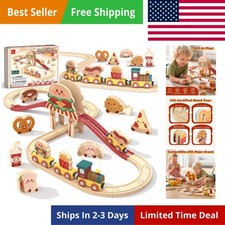 Wooden Train Set for Toddlers 2-4, Burger Theme Train Track Set Compatible wi...