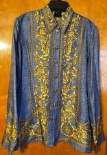 ESCADA VINTAGE BLOUSE IN GRAYISH BLUE ACCENT FILIGREE TRIM IN GOLD 36 M GERMANY