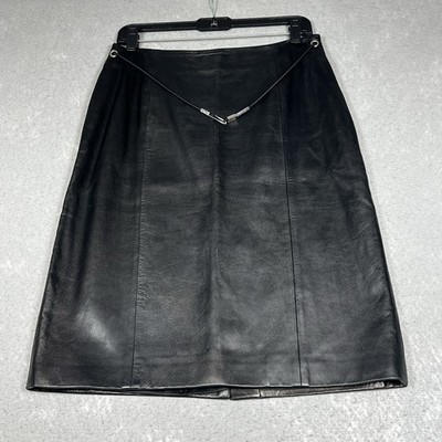 Prada Skirt Womens Size 44 Black Pencil Leather Belted Made In