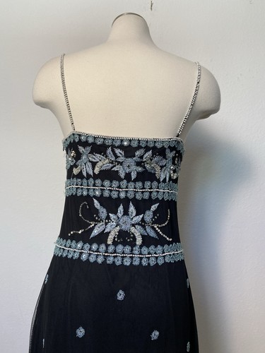 VTG Y2K Marina Small Black Beaded Whimsigoth Fairy Chiffon Floral Midi Dress 10 - Picture 12 of 23