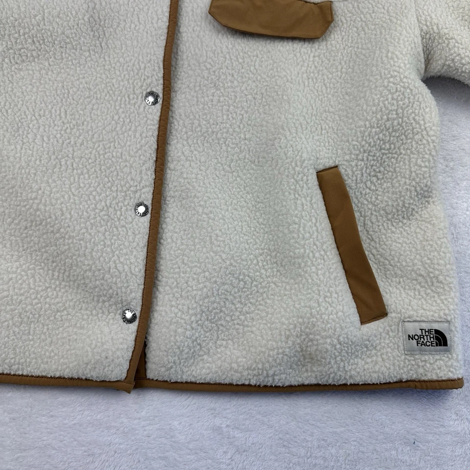 The North Face Cragmont Sherpa Fleece Jacket Women L Relax Ivory Brown Trim Snap - Image 4 of 4
